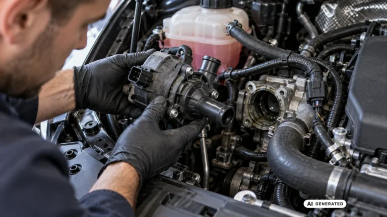 Mechaniker hält eine ausgebaute elektrische Wasserpumpe im Motorraum eines Fahrzeugs. KI-generiertes Symbolbild · redaktionell geprüft.