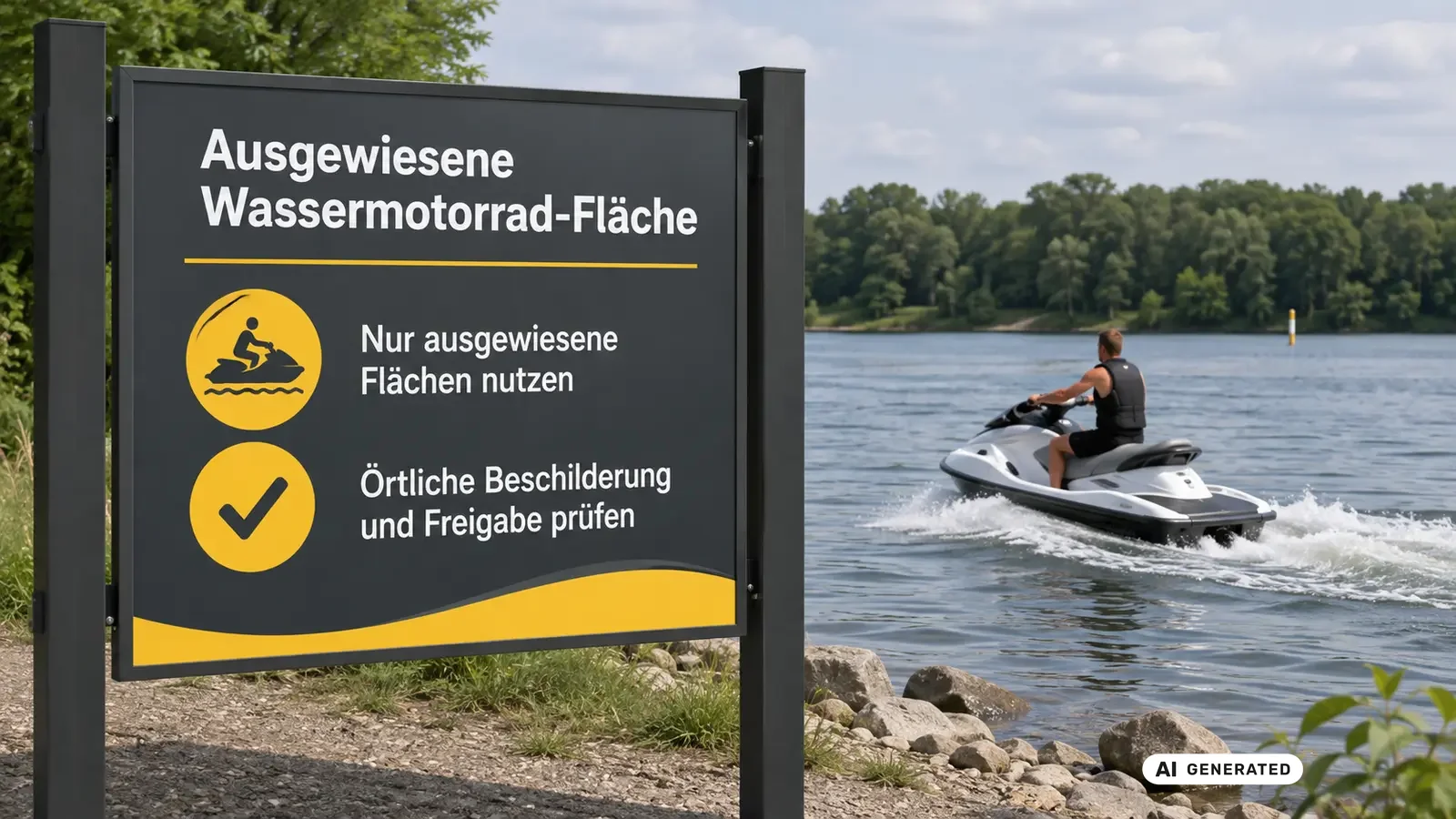 Tafelzeichen E.22 freigegebene Wassermotorrad-Flaeche auf Binnenschifffahrtsstrasse. KI-generiertes Symbolbild · redaktionell geprüft.
