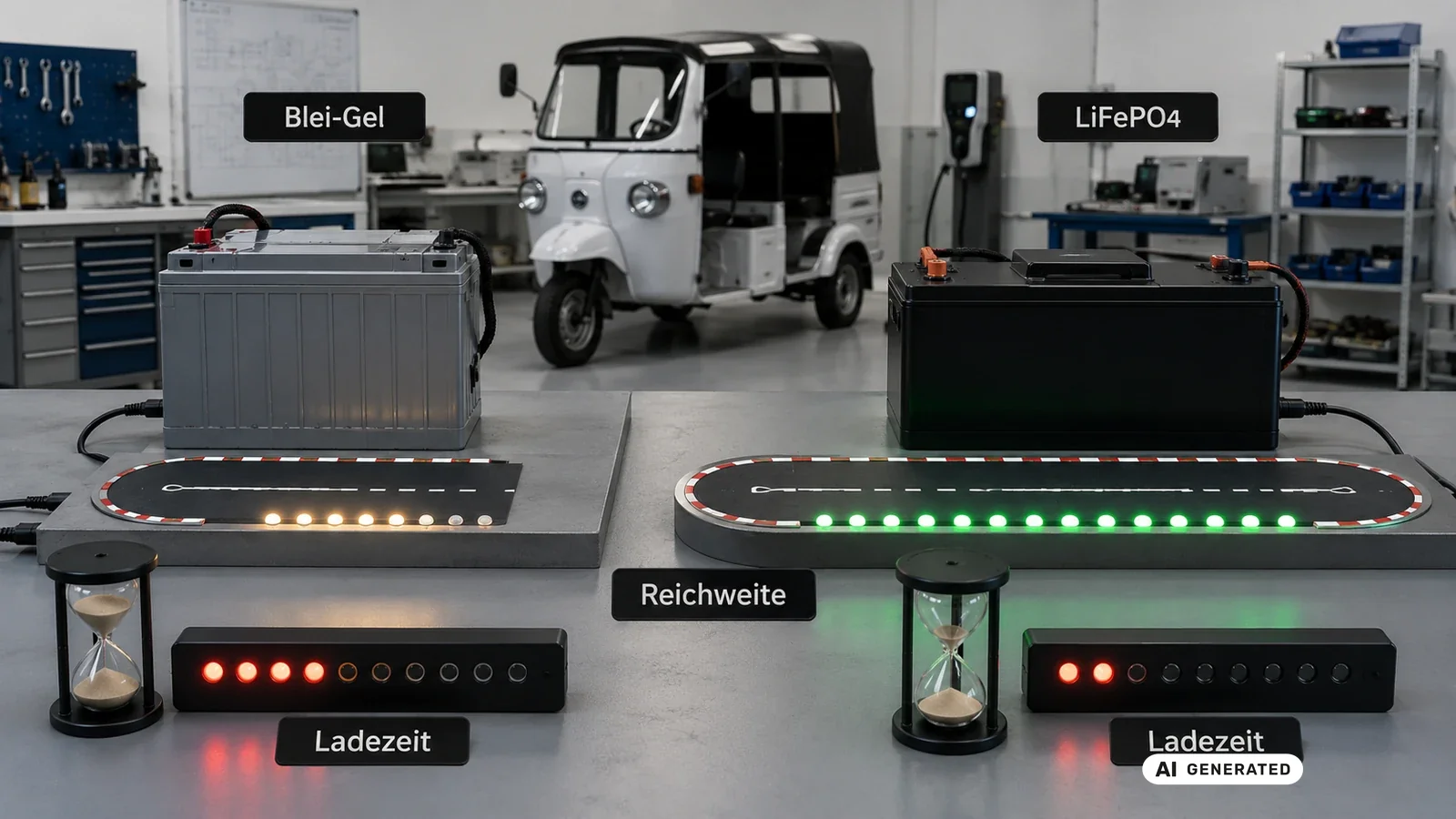 Blei-Gel gegenüber LiFePO4 beim Elektro-Tuktuk nach Reichweite und Ladezeit. KI-generiertes Symbolbild · redaktionell geprüft.