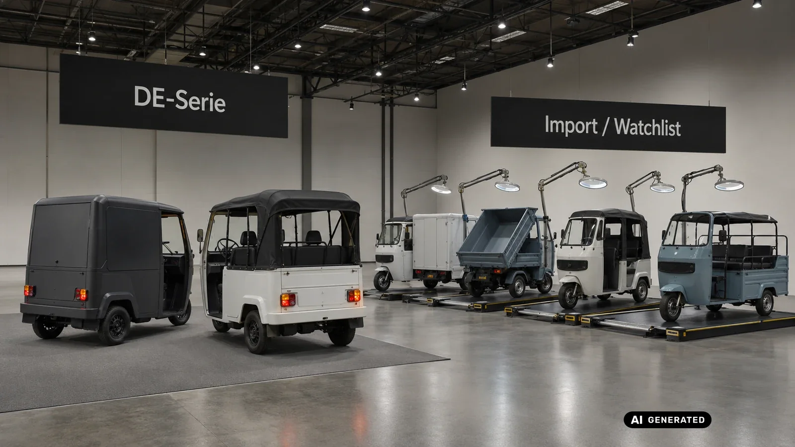 Anbieter-Landschaft Elektro-Tuktuk: deutsche Serie gegen Import und Watchlist. KI-generiertes Symbolbild · redaktionell geprüft.