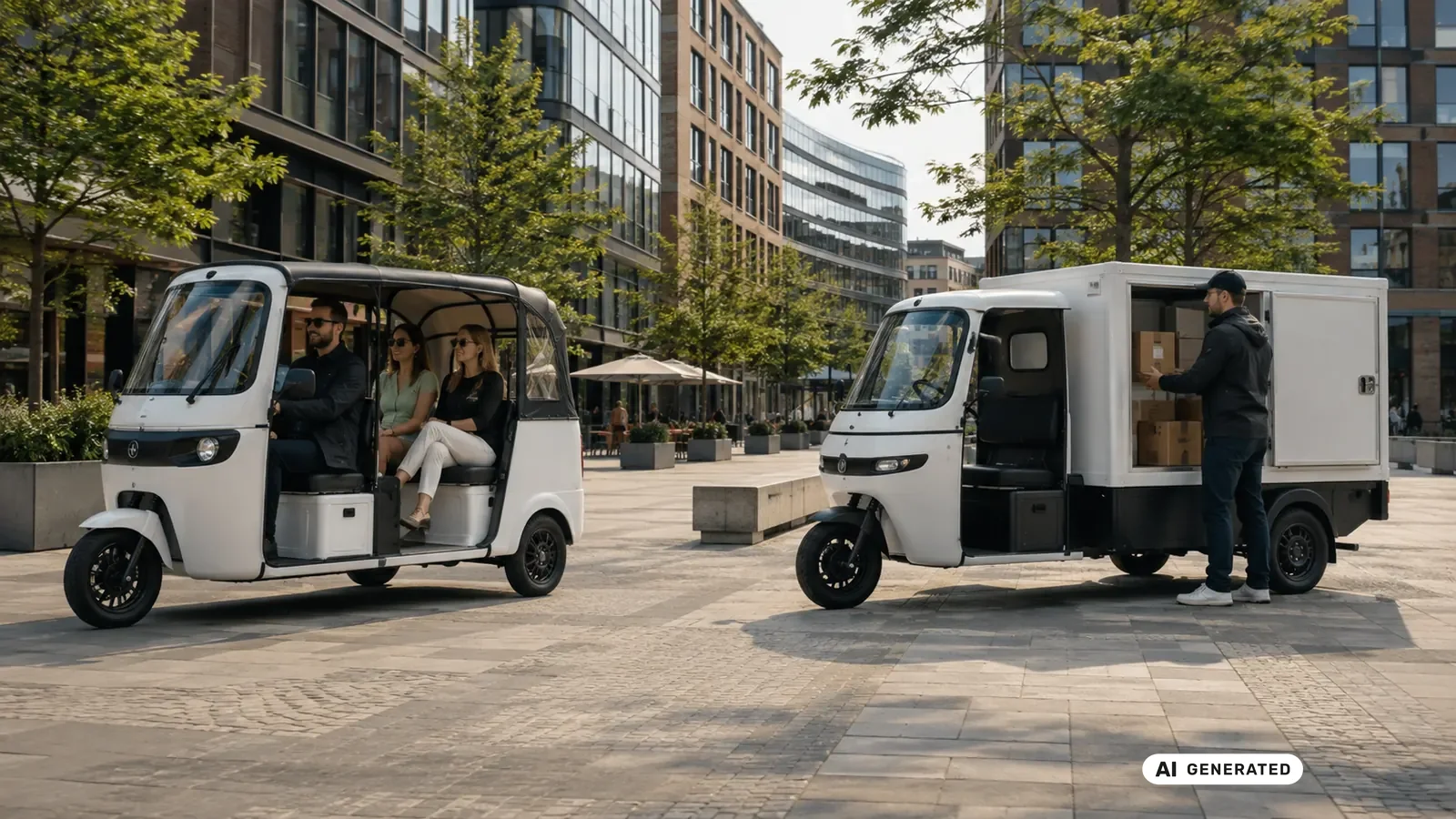 Elektro-Tuktuk für Personen und Tourismus gegen Cargo-Modell für die letzte Meile. KI-generiertes Symbolbild · redaktionell geprüft.
