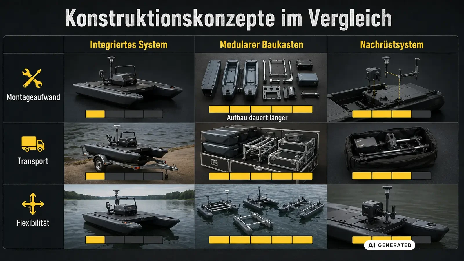 Schema leichtes Wassermotorrad gegen modularen Baukasten gegen aufsteckbaren SUP-Antrieb. KI-generiertes Symbolbild · redaktionell geprüft.