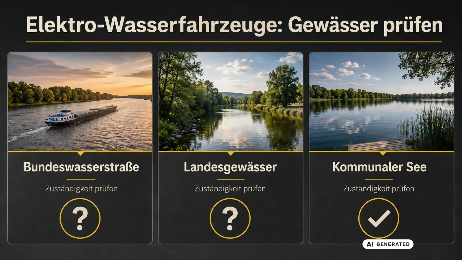 Grafik Rechtsrahmen E-Wasserfahrzeug Bund Land Privatgewaesser 7,5 kW Grenze. KI-generiertes Symbolbild · redaktionell geprüft.