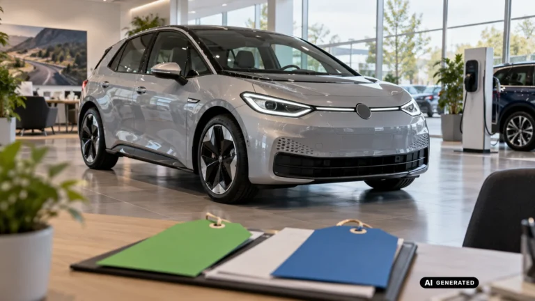 Elektroauto im Autohaus-Showroom mit Farbmustern auf einem Klemmbrett. KI-generiertes Symbolbild · redaktionell geprüft.