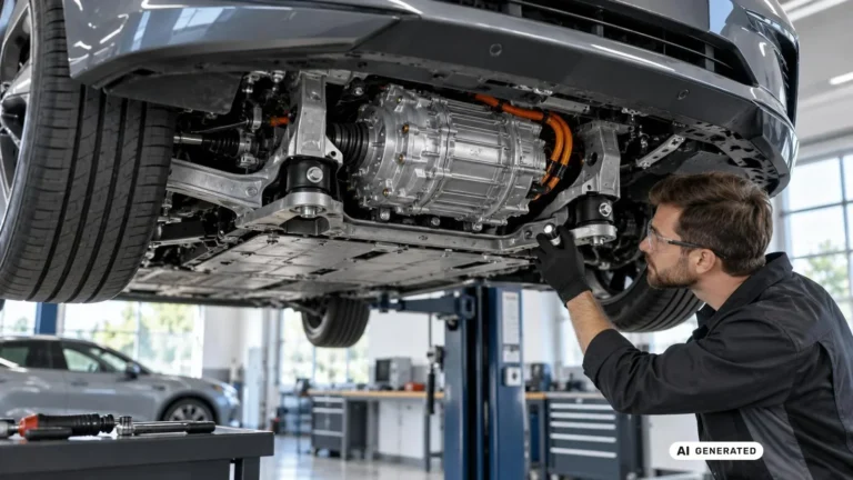 Mechaniker prüft den E-Motor und die Lager am Unterboden eines Elektroautos. KI-generiertes Symbolbild · redaktionell geprüft.