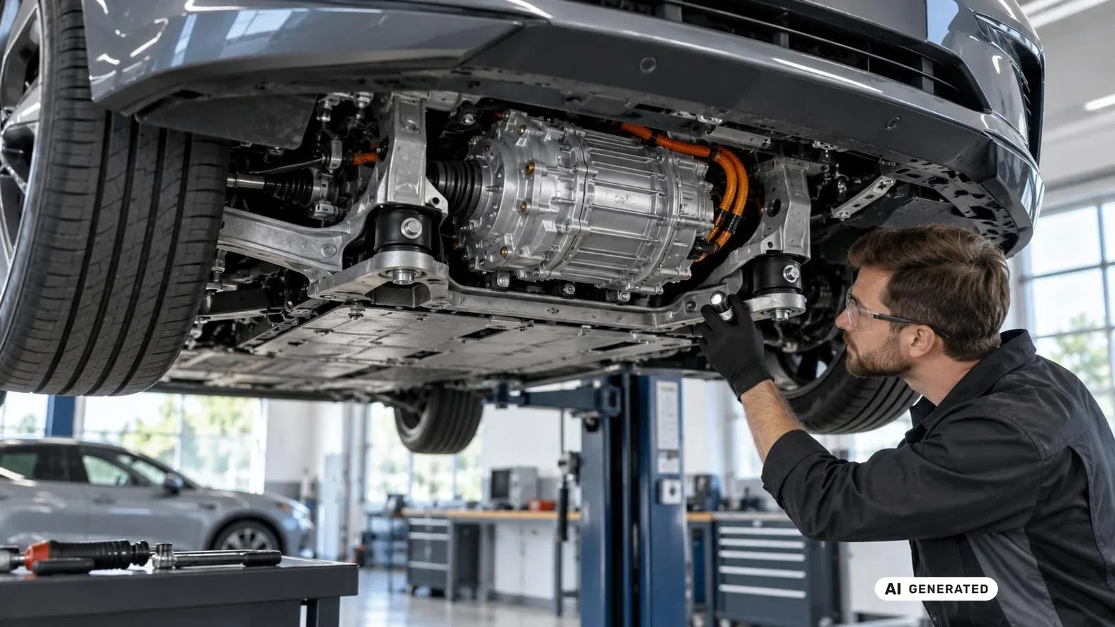 Mechaniker prüft den E-Motor und die Lager am Unterboden eines Elektroautos. KI-generiertes Symbolbild · redaktionell geprüft.