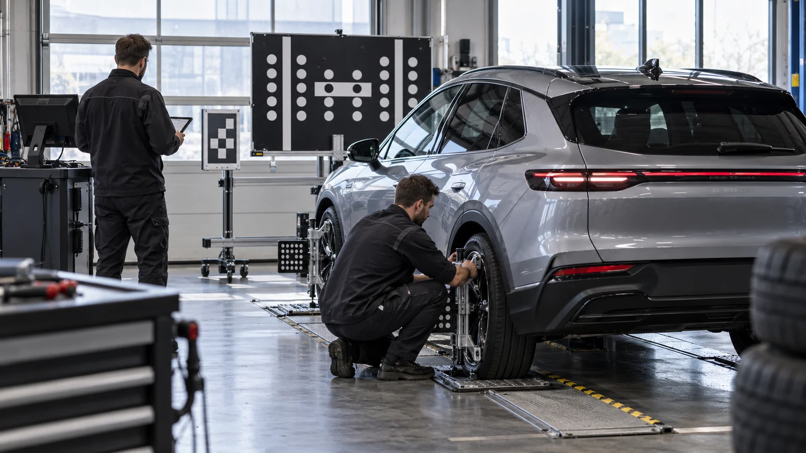 Zwei Techniker kalibrieren an einem Elektro-SUV mit Zieltafel und Radmesskopf. KI-generierte Szene · redaktionell geprüft.