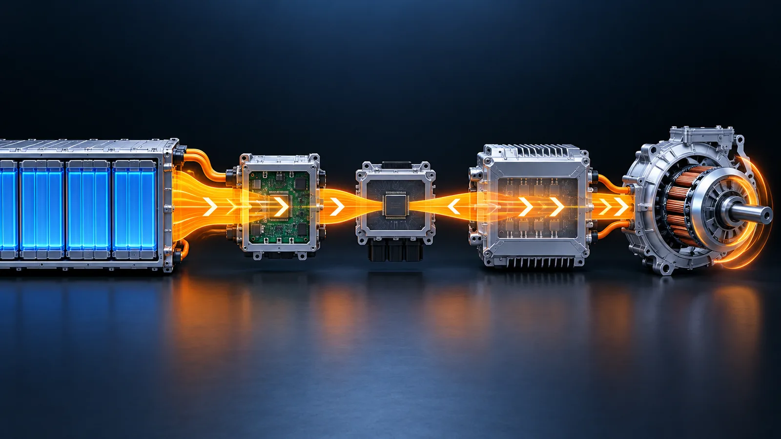 Energiefluss von Batterie über BMS, VCU und Inverter zum Motor, an einer Stelle verengt. KI-generierte Grafik · redaktionell geprüft.