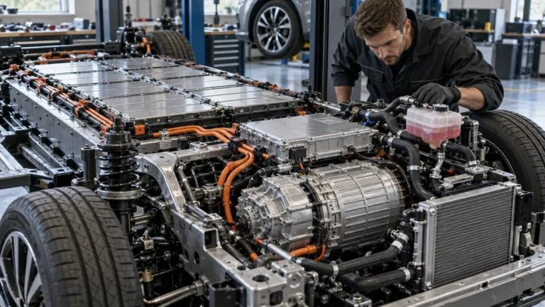 EV-Technikaufbau mit Batterie und Inverter. KI-generiertes Symbolbild · redaktionell geprüft.