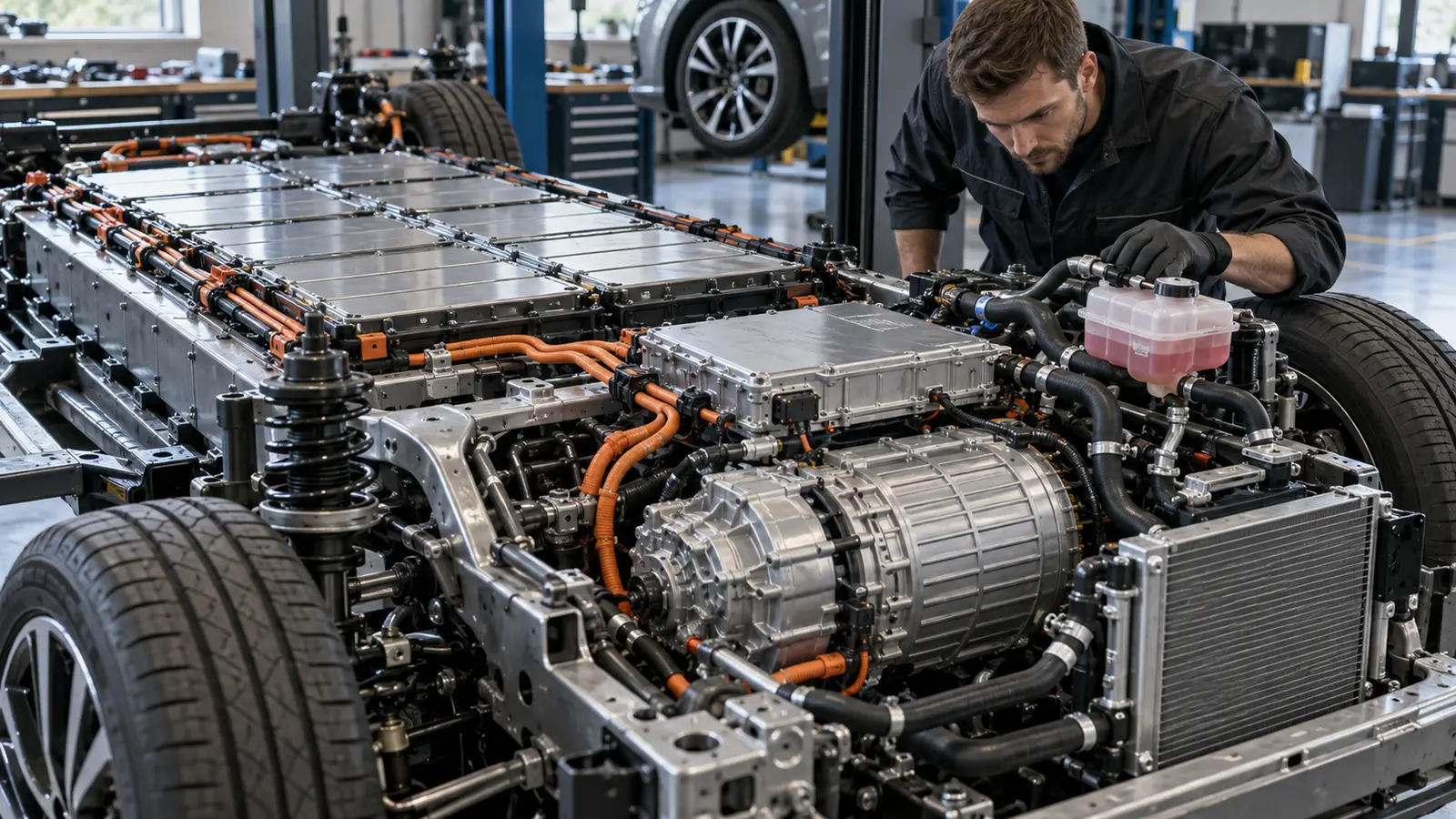 EV-Technikaufbau mit Batterie und Inverter. KI-generiertes Symbolbild · redaktionell geprüft.