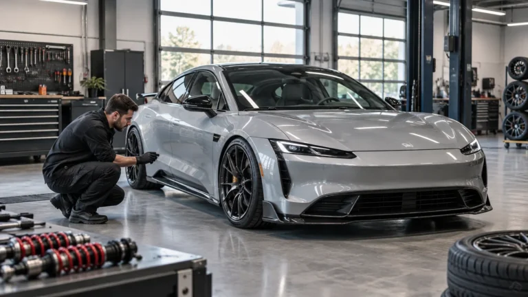 Elektroauto legal umbauen: Servicetechniker prüft ein Fahrzeug und zugehörige Bauteile in der Werkstatt. KI-generiertes Symbolbild · redaktionell geprüft.
