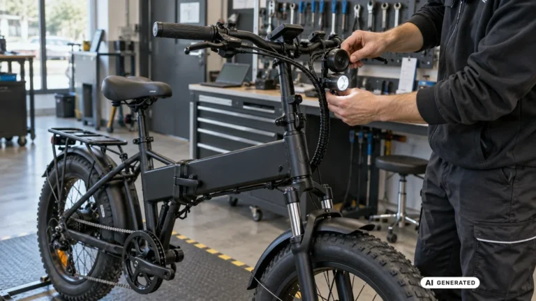 ENGWE EP-2 Boost E-Fatbike mit Hupe am Lenker. KI-generiertes Symbolbild · redaktionell geprüft.