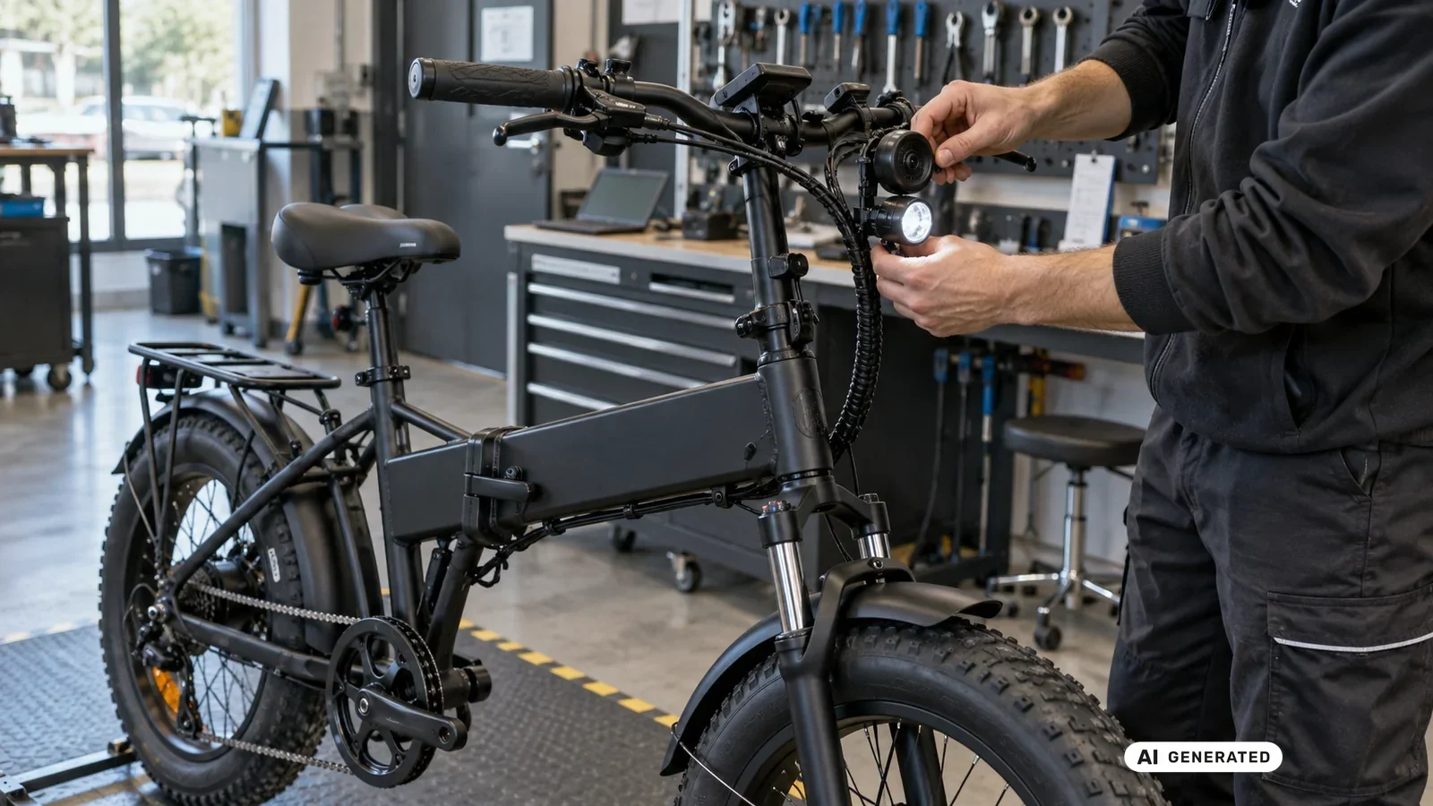 ENGWE EP-2 Boost E-Fatbike mit Hupe am Lenker. KI-generiertes Symbolbild · redaktionell geprüft.