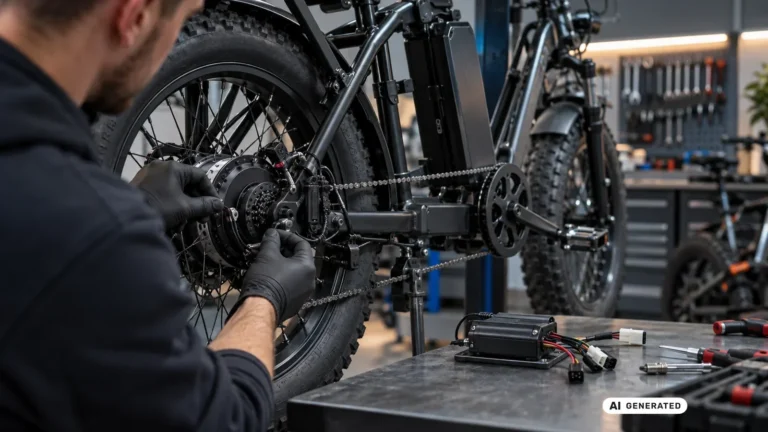 Werkstattarbeit am Hinterradmotor eines E-Fatbikes. KI-generiertes Symbolbild · redaktionell geprüft.