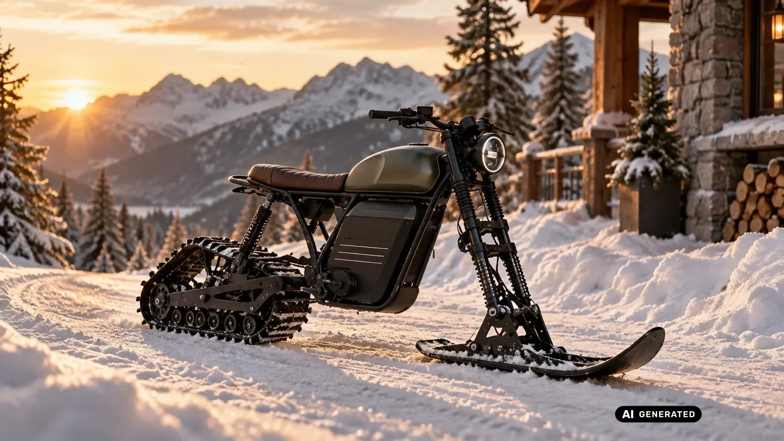 Symbolbild eines elektrischen SnowBikes mit Ski vorn und Raupe hinten. KI-generiertes Symbolbild · redaktionell geprüft.