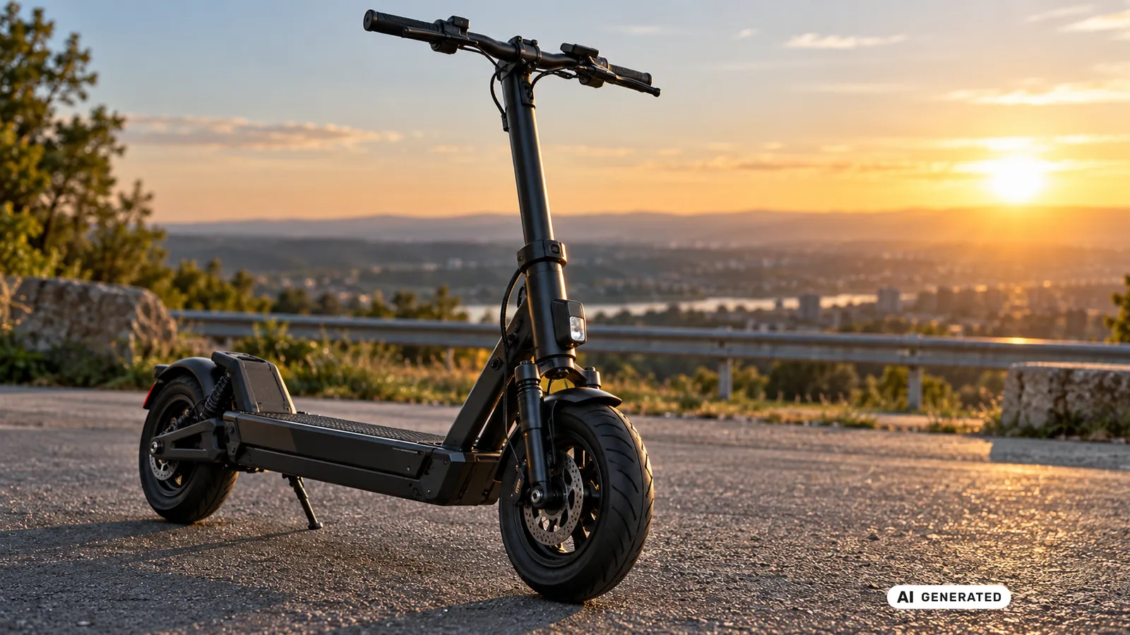 Geländegängiger E-Scooter mit großen Reifen bei Sonnenuntergang. KI-generiertes Symbolbild · redaktionell geprüft.