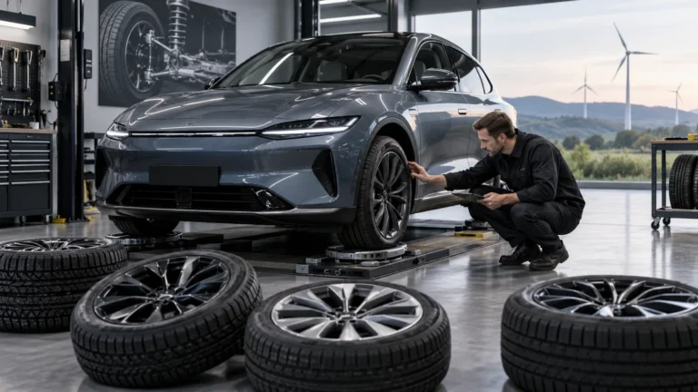 Felgen und Reifen am Elektroauto: Servicetechniker prüft ein Fahrzeug und zugehörige Bauteile in der Werkstatt. KI-generiertes Symbolbild · redaktionell geprüft.