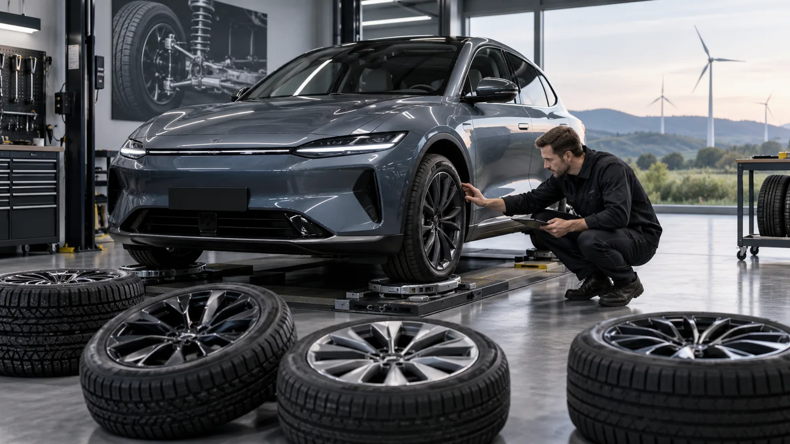 Felgen und Reifen am Elektroauto: Servicetechniker prüft ein Fahrzeug und zugehörige Bauteile in der Werkstatt. KI-generiertes Symbolbild · redaktionell geprüft.