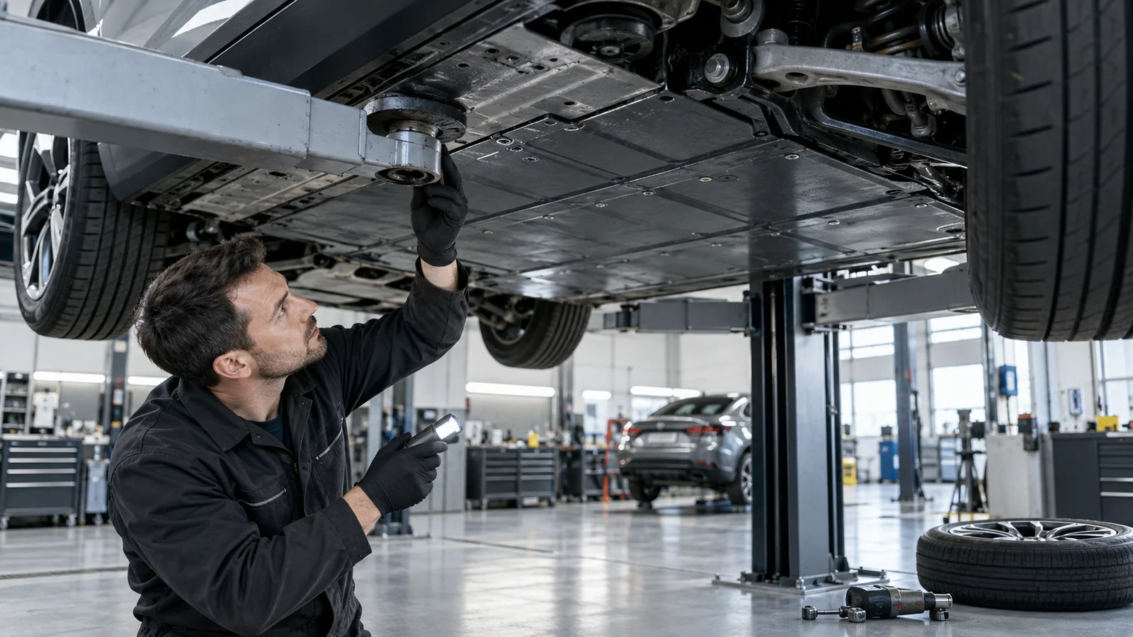 Mechaniker leuchtet unter dem angehobenen Fahrzeug den Batterie-Unterboden ab. KI-generierte Szene · redaktionell geprüft.