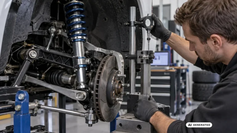 Mechaniker misst mit einer Messuhr am Fahrwerk mit blauer Sportfeder und Bremsscheibe. KI-generiertes Symbolbild · redaktionell geprüft.