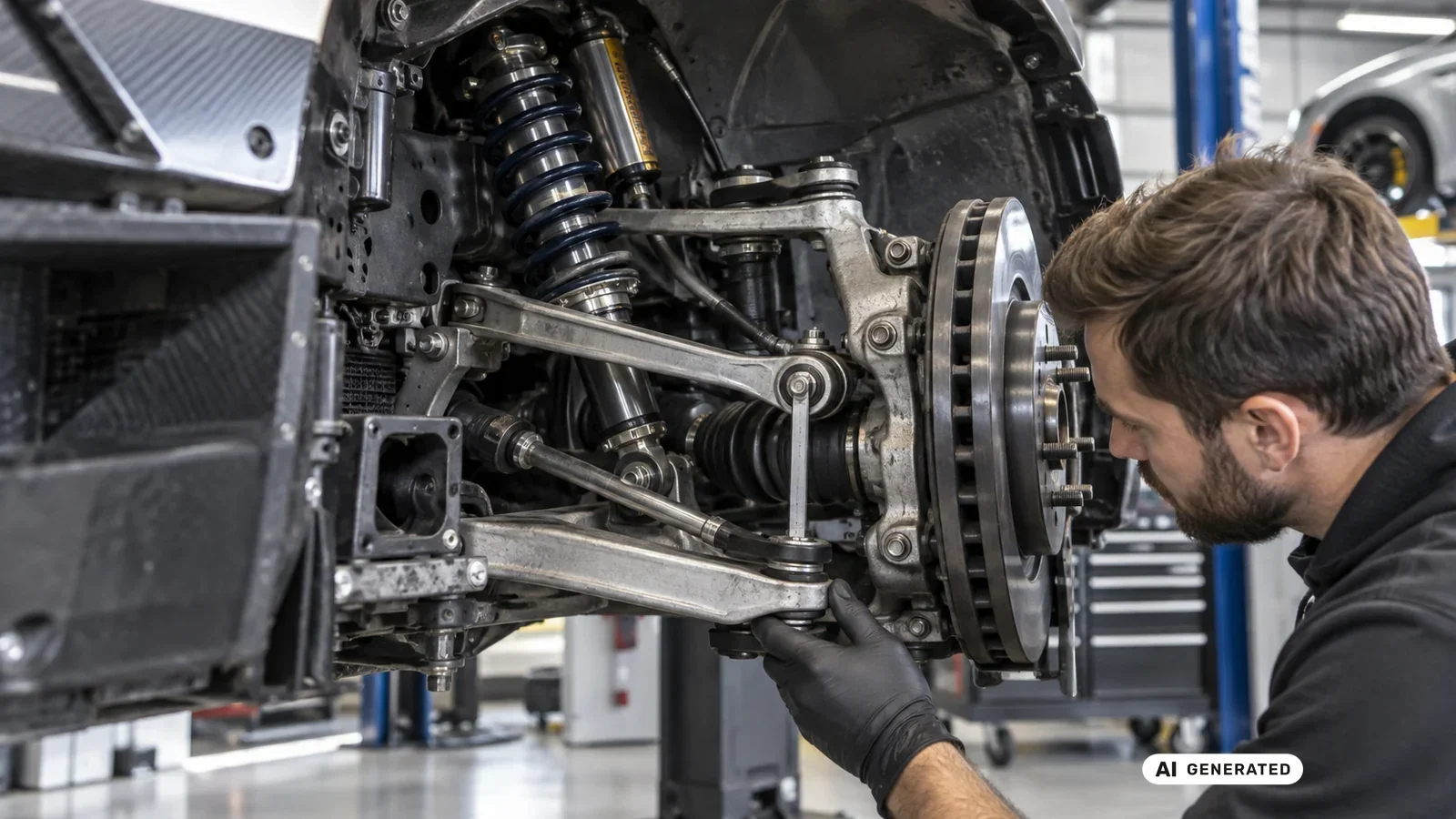 Mechaniker untersucht das Fahrwerk mit blauer Sportfeder und Bremsscheibe am angehobenen Sportwagen. KI-generiertes Symbolbild · redaktionell geprüft.