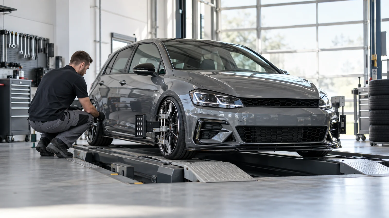 Tiefergelegtes Auto mit Messköpfen an den Rädern auf dem Achsmessstand. KI-generierte Szene · redaktionell geprüft.