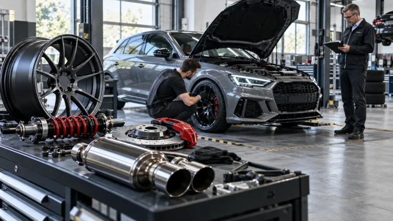 Felgen und Reifen am Auto: Servicetechniker prüft ein Fahrzeug und zugehörige Bauteile in der Werkstatt. KI-generiertes Symbolbild · redaktionell geprüft.
