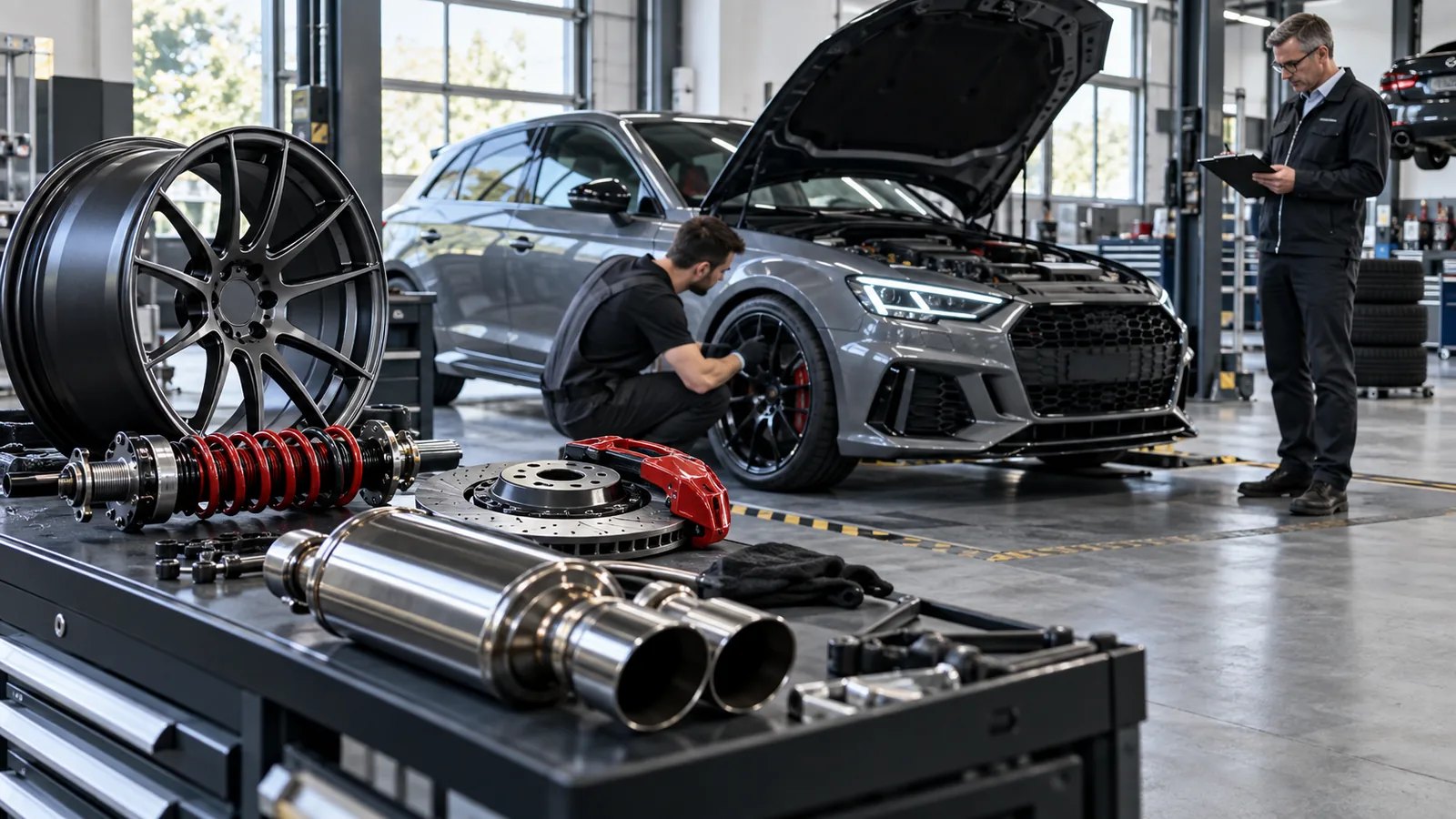 Felgen und Reifen am Auto: Servicetechniker prüft ein Fahrzeug und zugehörige Bauteile in der Werkstatt. KI-generiertes Symbolbild · redaktionell geprüft.