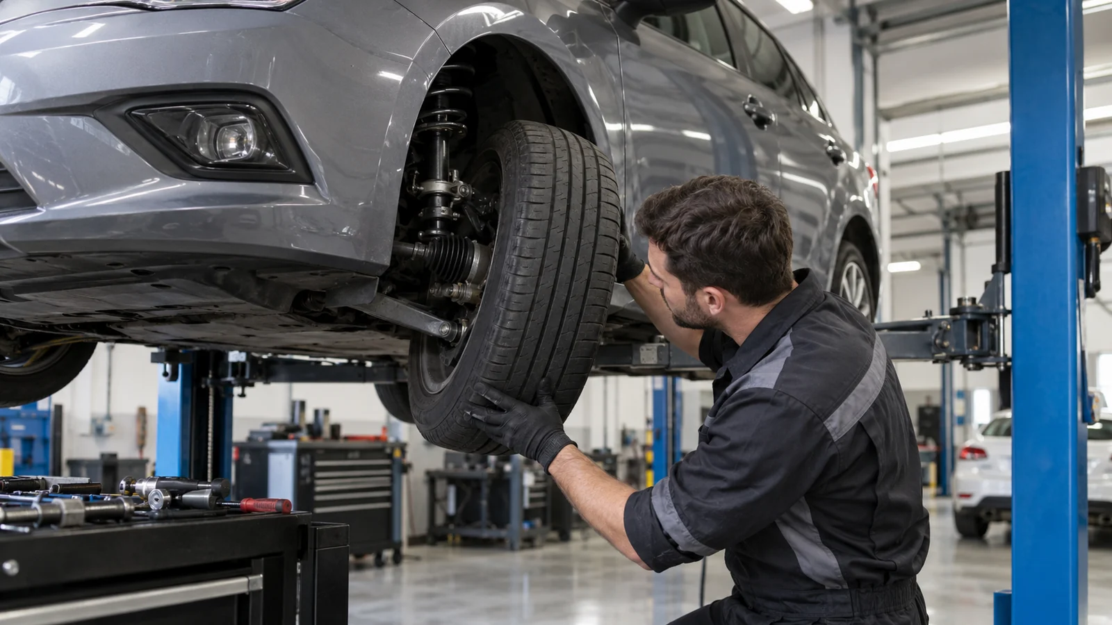 Mechaniker hält ein Rad an die Nabe des angehobenen Fahrzeugs. KI-generierte Szene · redaktionell geprüft.