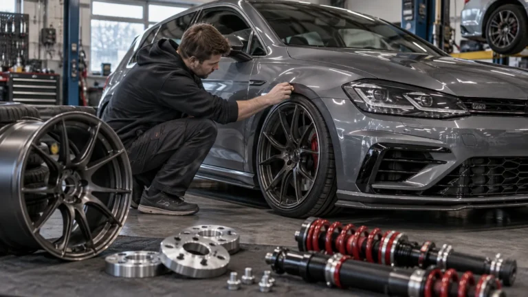 Felgen, Tieferlegung und Spurplatten kombinieren: Servicetechniker prüft ein Fahrzeug und zugehörige Bauteile in der Werkstatt. KI-generiertes Symbolbild · redaktionell geprüft.