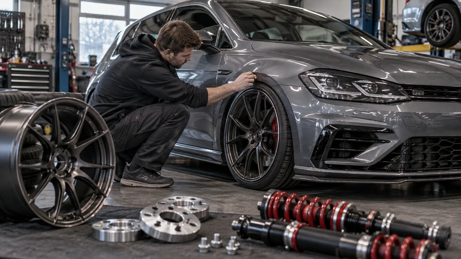 Felgen, Tieferlegung und Spurplatten kombinieren: Servicetechniker prüft ein Fahrzeug und zugehörige Bauteile in der Werkstatt. KI-generiertes Symbolbild · redaktionell geprüft.