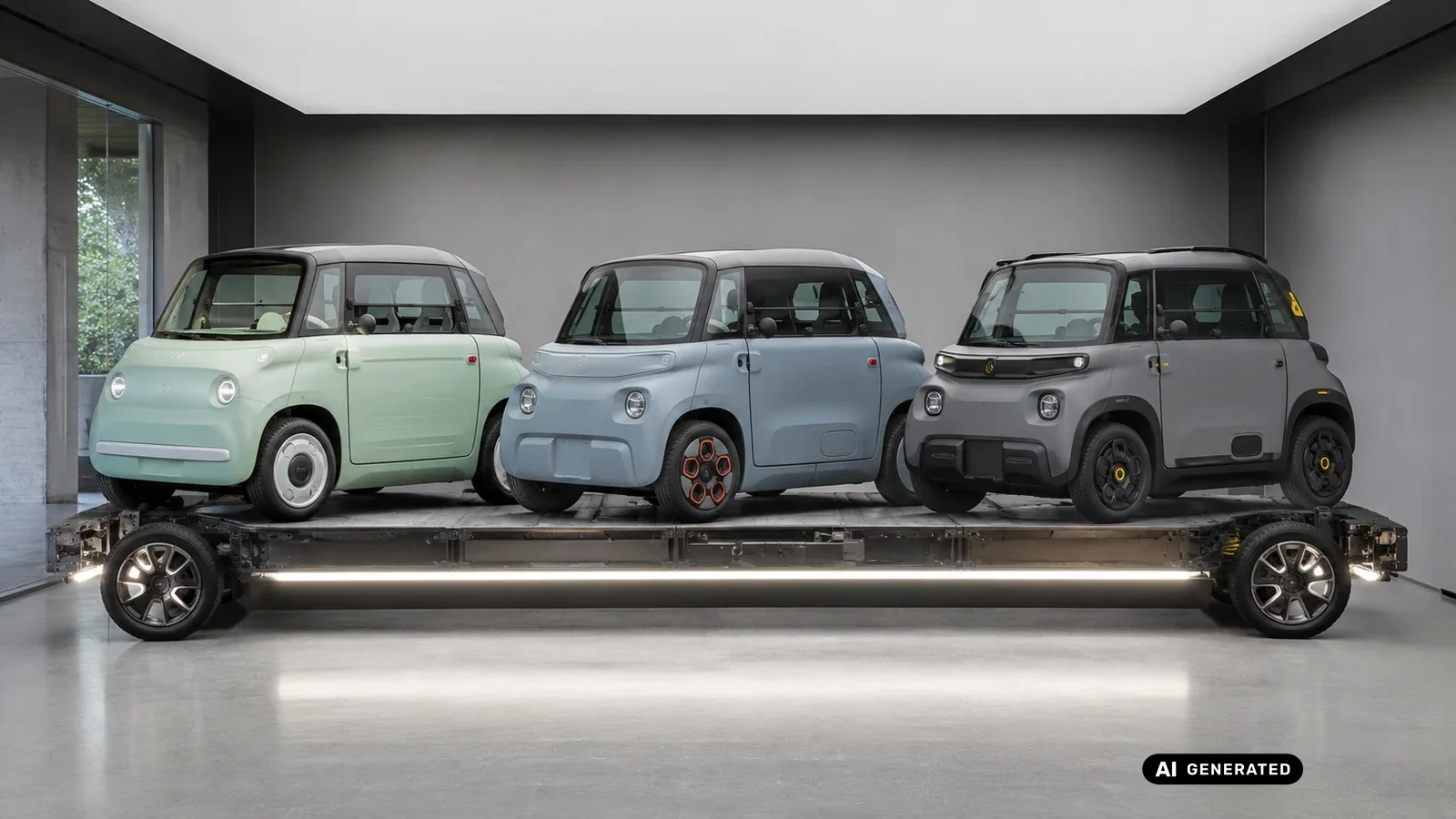 Gemeinsame Stellantis-Plattform von Fiat Topolino, Citroën Ami und Opel Rocks. KI-generiertes Symbolbild · redaktionell geprüft.