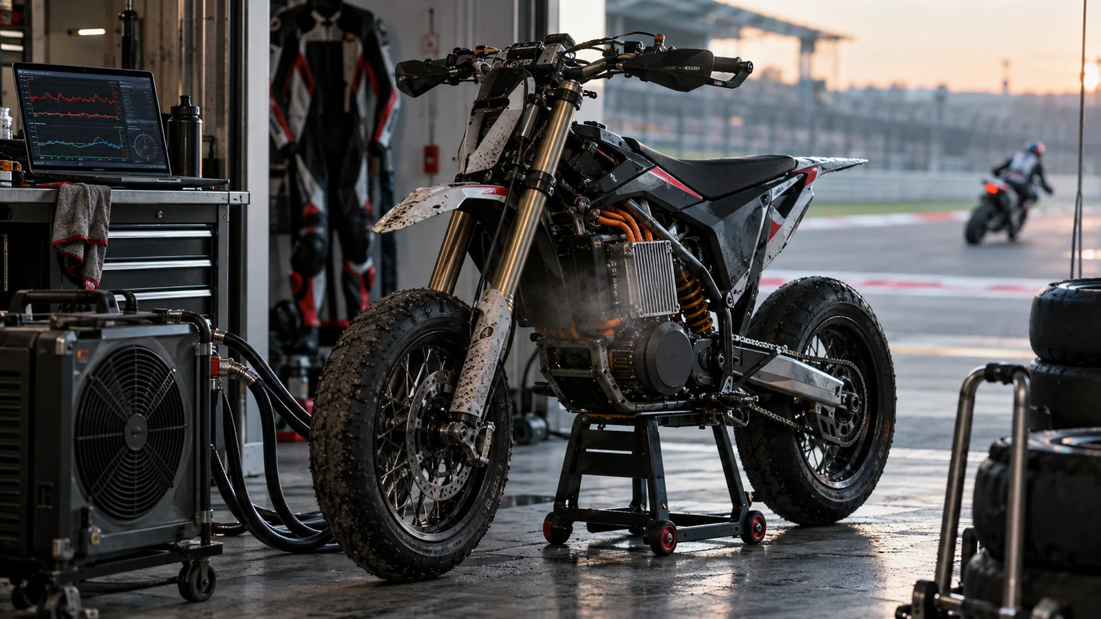 E-Supermoto in der Boxengasse, Motorcontroller im Rahmen, daneben Kühlaggregat und Laptop mit Temperaturverläufen. KI-generiertes Symbolbild · redaktionell geprüft.