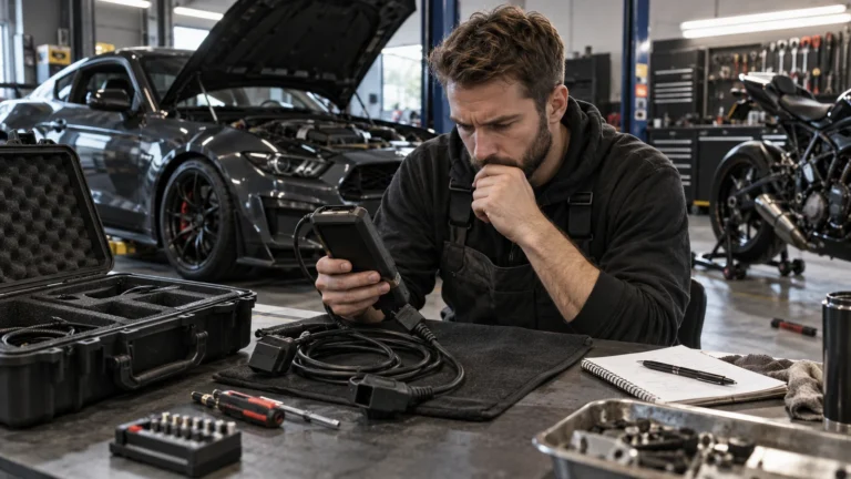 Mechaniker prüft in der Werkstatt einen gebrauchten Flasher mit OBD-Kabeln, im offenen Koffer daneben sind Fächer leer. KI-generiertes Symbolbild · redaktionell geprüft.