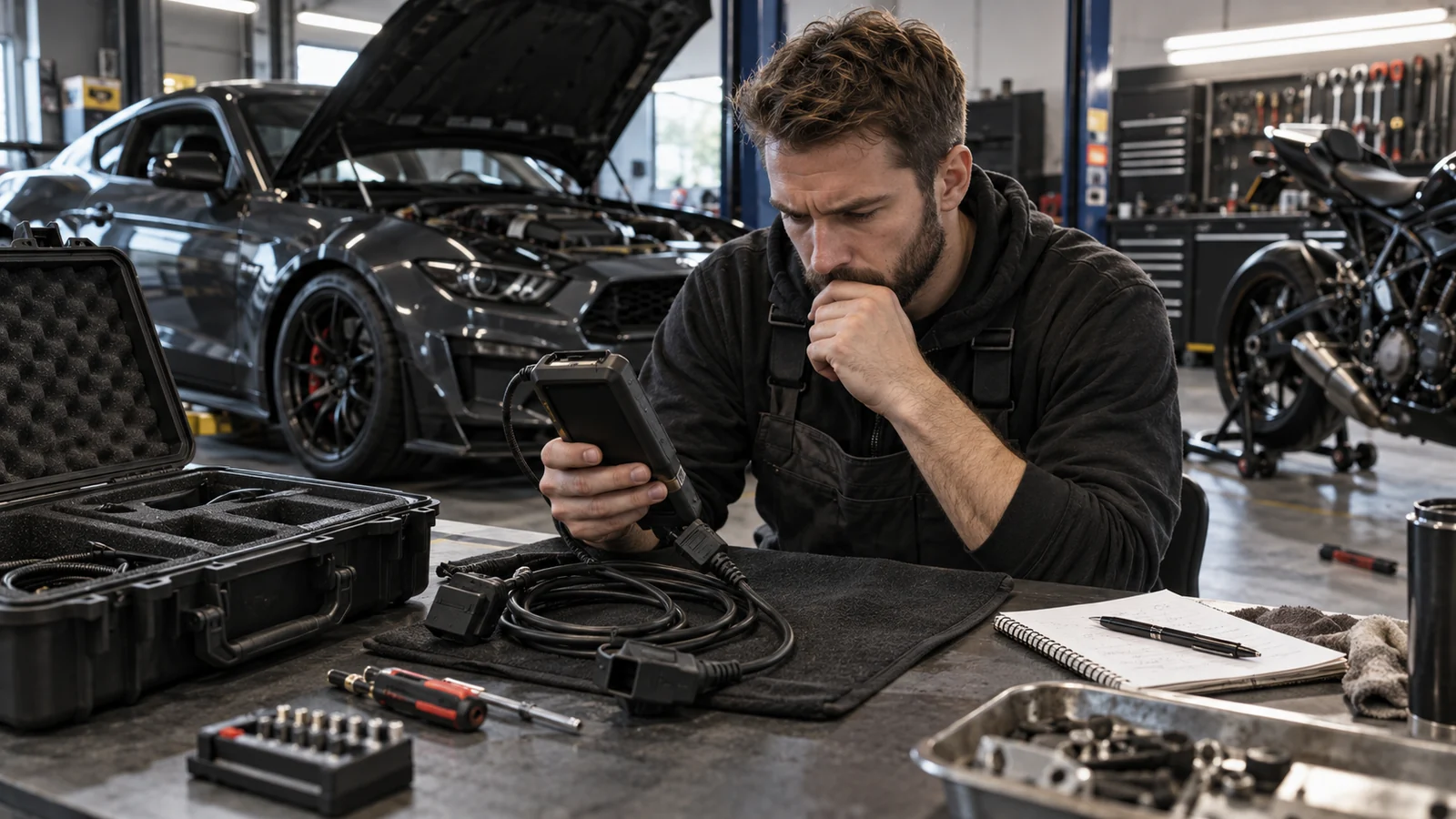 Mechaniker prüft in der Werkstatt einen gebrauchten Flasher mit OBD-Kabeln, im offenen Koffer daneben sind Fächer leer. KI-generiertes Symbolbild · redaktionell geprüft.