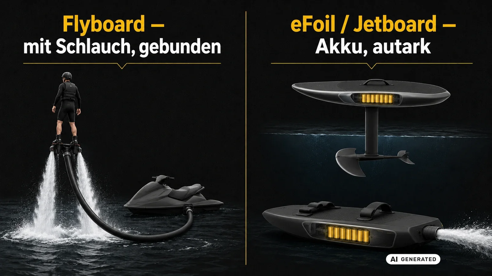 Gegenüberstellung Flyboard mit Schlauch gegen autarkes eFoil und Jetboard mit Akku. KI-generiertes Symbolbild · redaktionell geprüft.