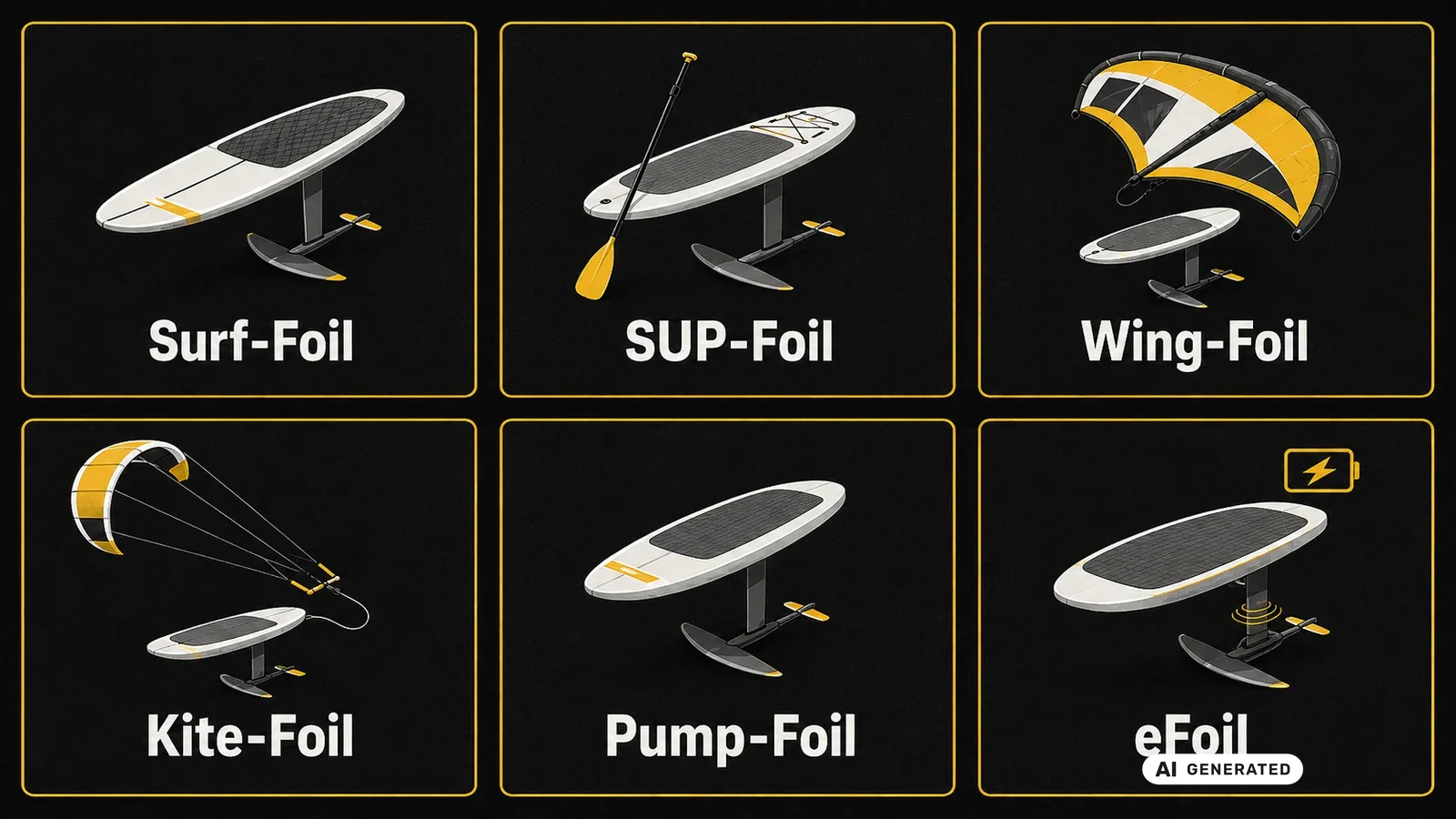 Übersicht der Foil-Arten Surf-Foil, SUP-Foil, Wing-Foil, Kite-Foil, Pump-Foil und eFoil. KI-generiertes Symbolbild · redaktionell geprüft.
