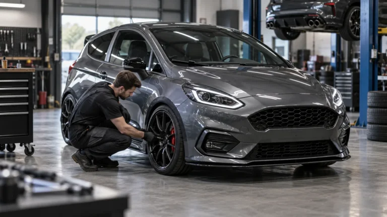 Ford Fiesta ST Mk8 legal tunen: Servicetechniker prüft das Fahrzeug in der Kfz-Werkstatt. KI-generiertes Symbolbild · redaktionell geprüft.