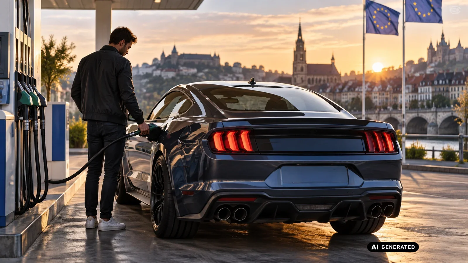 Ford Mustang wird an einer Tankstelle in Europa betankt, im Hintergrund eine europäische Stadtsilhouette mit EU-Flaggen. KI-generiertes Symbolbild · redaktionell geprüft.