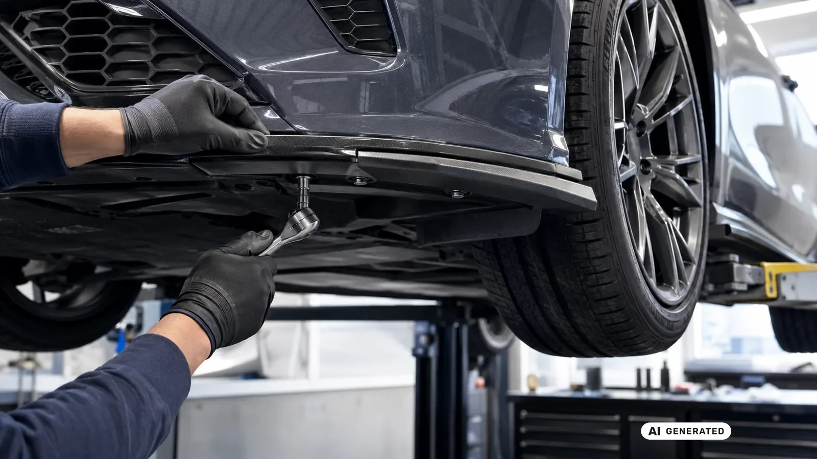 Techniker kontrolliert die mechanische Befestigung einer Frontlippe — KI-generierte Szene, redaktionell geprüft
