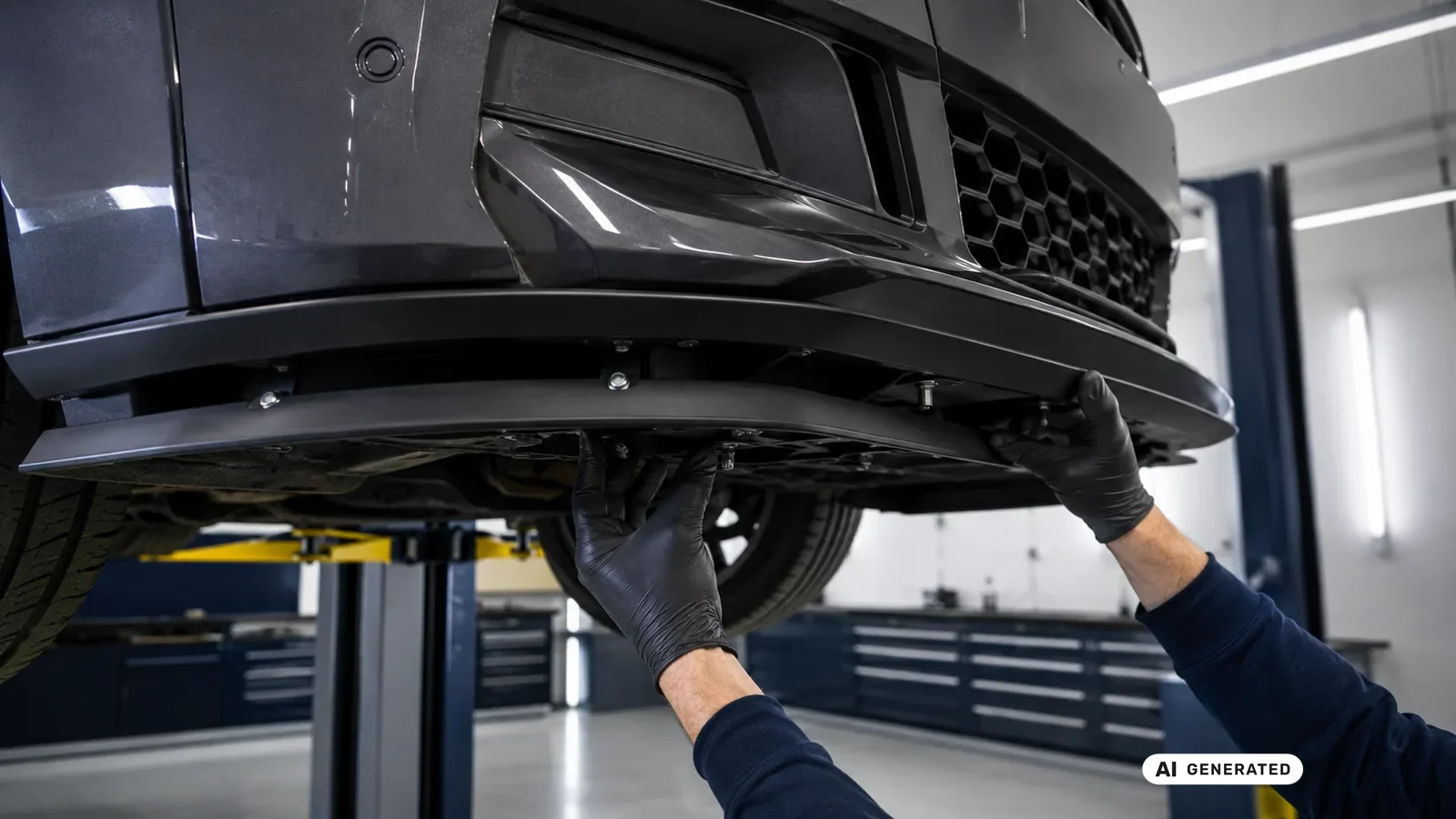 Mechanische Befestigung eines Frontsplitters unter dem Stoßfänger — KI-generierte Szene, redaktionell geprüft