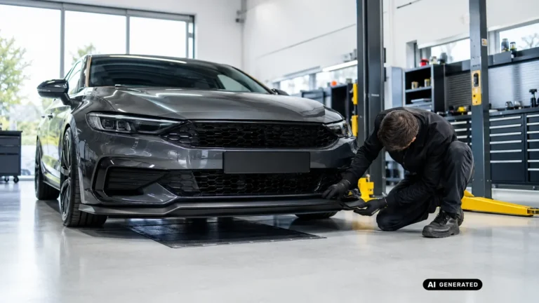 Techniker prüft einen Frontsplitter an einem Fahrzeug auf einem Werkstattplatz — KI-generiertes Symbolbild, redaktionell geprüft