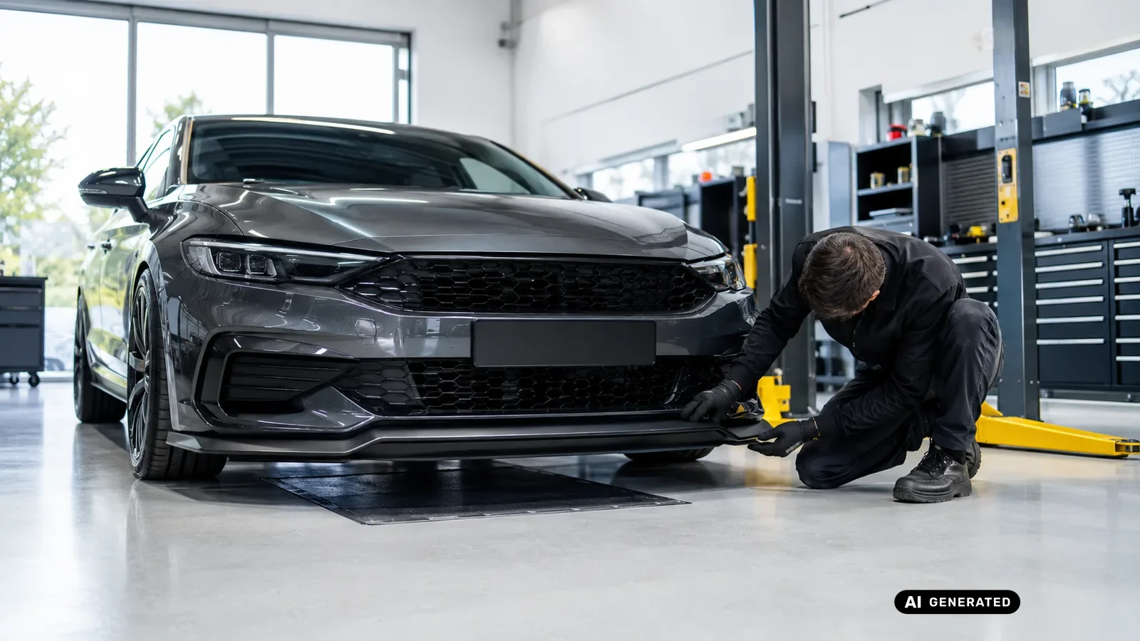 Techniker prüft einen Frontsplitter an einem Fahrzeug auf einem Werkstattplatz — KI-generiertes Symbolbild, redaktionell geprüft