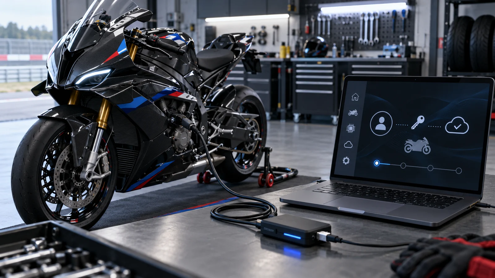 Schwarzes Flash-Interface neben einem Laptop, der Konto, Schlüssel und Cloud zeigt, dahinter ein Superbike. KI-generiertes Symbolbild · redaktionell geprüft.