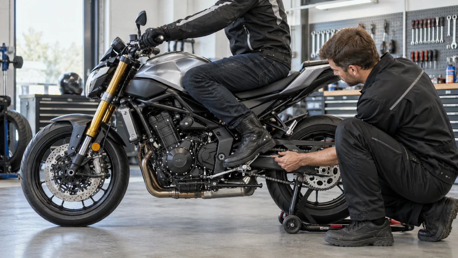 Fahrer sitzt auf dem Motorrad, während ein Mechaniker die Fußrastenanlage prüft. KI-generierte Szene · redaktionell geprüft.