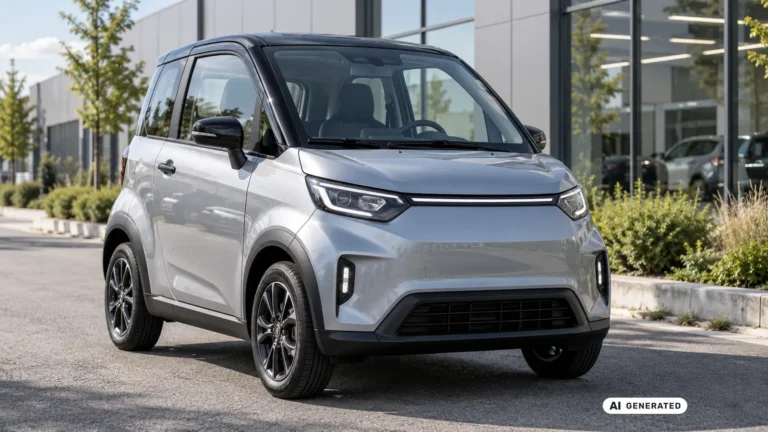 Futura UNI Elektro-Microcar vor einem modernen Firmengebäude. KI-generiertes Symbolbild · redaktionell geprüft.