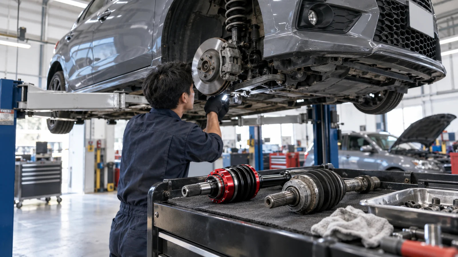 Mechaniker unter einem angehobenen Auto, daneben neue und gebrauchte Antriebswellen. KI-generierte Szene · redaktionell geprüft.
