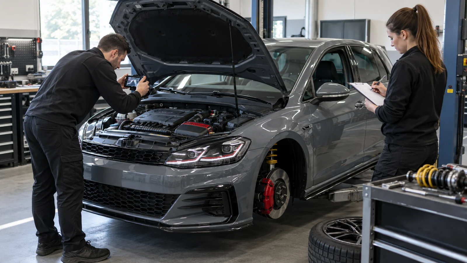 Techniker fotografiert den Motorraum, eine Kollegin notiert den Befund am Klemmbrett. KI-generierte Szene · redaktionell geprüft.