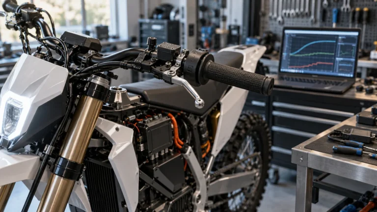 Drehgriff für die Gasannahme und Bremspumpe am Lenker eines E-Motorrads, dahinter ein Laptop mit ansteigenden Kurven. KI-generiertes Symbolbild · redaktionell geprüft.