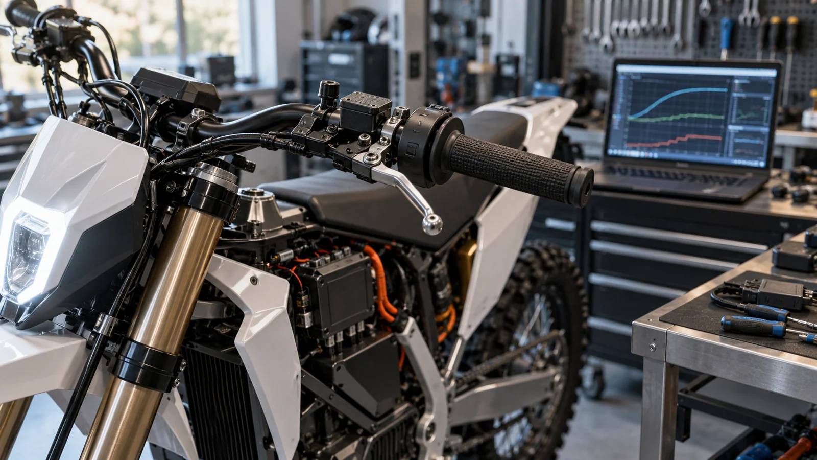 Drehgriff für die Gasannahme und Bremspumpe am Lenker eines E-Motorrads, dahinter ein Laptop mit ansteigenden Kurven. KI-generiertes Symbolbild · redaktionell geprüft.